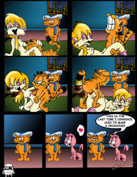 2boys 2girls anal anal_penetration anal_sex anthro anus arlene_(garfield) being_watched cat cleo_catillac comic crossover cunnilingus domestic_cat english_text escoria feline female garfield_(series) garfield_the_cat heart indoors larger_female male nude pussy riff-raff size_difference smaller_male text the_catillac_cats