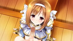 blush brown_hair censored female game_cg hairband kimishima_ao mitsu_king mosaic_censoring otome_ga_kanaderu_koi_no_aria penis red_eyes short_hair yukishiro_kotori zinno