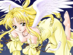 angel anus barefoot black_eyes blonde_hair breasts clothing dress erect_nipples feathers feet fuji_shinobu full_moon full_moon_o_sagashite full_moon_wo_sagashite fullmoon_(full_moon_wo_sagashite) jewelry kouyama_mitsuki long_hair mitsuki_koyama necklace nipples signature studio_implant wings