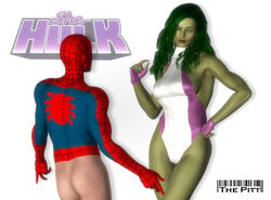 1boy 1girls 3d 3d_(artwork) ass avengers bottomless_male faceless_male female green_hair green_skin leotard marvel marvel_comics pinching_gesture she-hulk small_penis_humiliation spider-man spider-man_(series) the_pitt