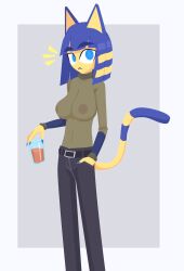 alternate_version_available animal_crossing ankha ankha_(animal_crossing) anthro big_breasts blue_eyes blue_hair bob_cut breasts cat_ears cat_tail catgirl cleavage clothing denim female_only fur furry large_breasts looking_at_viewer mesh_shirt navel nintendo nipples saucepesto see-through see-through_clothing simple_background slim_waist solo_female thick_eyebrows video_games yellow_body yellow_fur