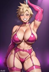 1girls ai_generated arm_gloves armpits big_breasts bikini blonde_hair choker cleavage earrings eyelashes fishnet_stockings garter_belt grin huge_breasts latex latex_gloves milf mitsuki_bakugou my_hero_academia pink_bikini posing self_upload spiky_hair stable_diffusion stockings stripper stripper_pole unclego wide_hips