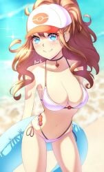 anisdrawn bikini blue_eyes breasts brown_hair creatures_(company) female game_freak hat highres hilda_(pokemon) large_breasts long_hair looking_at_viewer navel nintendo pokemon pokemon_bw ponytail smile swimsuit