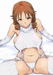 1girls arado_27 bed_sheets belly_button breasts brown_eyes brown_hair clothed clothing confident detached_sleeves female female_only huge_breasts idolmaster idolmaster_cinderella_girls katagiri_sanae light-skinned_female light_skin looking_at_viewer meme_attire on_bed revealing_clothes sideboob skimpy_clothes smile solo sweater virgin_destroyer_sweater white_bed_sheet