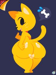 3:4 anthro ass big_butt bone cat_emoji catboy collar cuntboy emoji emoji_(race) felid feline femboy fur hi_res jjoyplus looking_at_viewer mammal no_outlines red_collar solo speech_bubble tail thick_thighs yellow_body yellow_fur