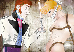 2boys blonde_hair bondage candle clothed_male_nude_male clothed_on_nude disney frozen_(film) gag gagged gay kristoff_(frozen) male male_nipples male_only prince_hans rope_bondage yaoi