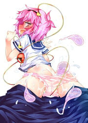 alternate_costume ass blush enema eyewear female female_ejaculation from_behind glasses hairband highres narumiya open_mouth panties pink_eyes pink_panties satori_komeiji short_hair simple_background skirt skirt_pull solo third_eye touhou underwear white_background