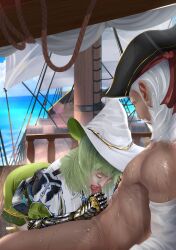 age_difference armored_female bent_over black_desert black_desert_online blowjob boat closed_eyes clothed clothed_female clothed_female_nude_male fellatio fit_male green_hair hand_on_penis hat nana_squidrock nude_male old_man older_male oral oral_sex player_character sucking sucking_penis witch witch_(black_desert) witch_hat younger_female