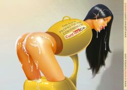 bent_forward bent_over black_hair bondage cum cum_drip english_text erenisch female free_use mechanical_fixation orgasm_factory public public_use rape slave stationary_restraints stuck text