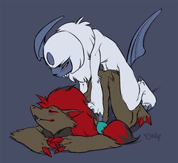 absol ambiguous_gender blush jellybats nintendo plain_background pokemon pokemon_(species) sex video_games zoroark