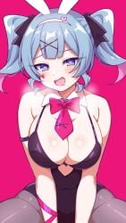 aroused blush drooling hatsune_miku heart-shaped_pupils heavy_breathing horny horny_female huge_breasts in_heat looking_pleasured mv_character naughty_smile open_legs pleasure_face rabbit_hole_(deco*27/caststation) rabbit_hole_(vocaloid) saliva sitting steam vocaloid