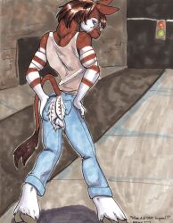 1boy 2003 anthro ass ayame_emaya clothed clothing furry giraffid glasses hooves male ogun_(ayame_emaya) okapi outdoors outside pants ripped_pants shirt street_light tail testicles