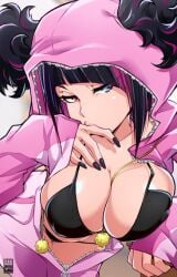 1girls arm_up bayeuxman big_breasts biting bitting_finger black_hair bra clothed clothing female female_focus female_only heterochromia juri_han large_breasts looking_at_viewer onesie open_onesie pajamas panties pijama short_hair solo solo_female street_fighter street_fighter_6 thighs