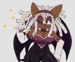 1girls artist_request bare_shoulders big_breasts black_body dark-skinned_female dark_skin dreadlocks dressed female green_eyes kerchief long_gloves one_eye_closed race_swap rouge_the_bat rouge_the_bat_(kailewds) solo sonic_(series) sonic_the_hedgehog_(series) thick_thighs white_hair