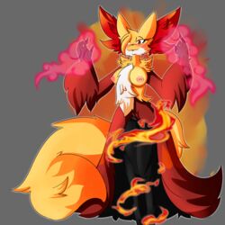 2013 absurdres anthro areolae blush breasts canine chest_tuft delphox erect_nipples female fox fur furry grey_background highres hinata-rabbit magic mammal nintendo nipples plain_background pokemon pokemorph pussy solo standing tuft yellow_fur