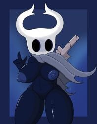 black_body breasts casual cloak clothing female female_the_knight_(hollow_knight) genitals hand_behind_back hi_res hollow_knight horn humanoid nail nipples outerwear poraka7 protagonist_(hollow_knight) pussy solo team_cherry thick_thighs vessel_(species) weapon