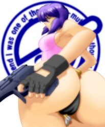 ass bullet commentary_request female fingerless_gloves ghost_(mausuman34) ghost_in_the_shell gloves gun huge_ass kusanagi_motoko leotard photoshop_(medium) pink_leotard purple_hair solo the_laughing_man thong weapon white_background