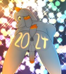 anthro anus ass balls bovid caprine fireworks floppy_ears fur genitals glans glowing glowing_eyes goat grey_body grey_fur gusta gusta_(gusta) hair hi_res holidays horn looking_at_viewer looking_back looking_back_at_viewer male mammal new_year new_year_2024 nude orange_eyes orange_glans orange_horn orange_stripes penis presenting presenting_hindquarters rear_view short_tail solo stripes tail writing_on_butt