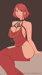 1girls alternate_costume bare_thighs breasts cleavage dress female female_only grin kalruna large_breasts looking_at_viewer pyra red_eyes red_hair revealing_clothes short_hair side_slit sideboob sitting smile solo thick_thighs xenoblade_(series) xenoblade_chronicles_2