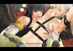 2girls 3d black_hair blonde_hair chobixpho dead_or_alive dead_or_alive_xtreme_venus_vacation english_text flat_chest letterbox licking_nipples light-skinned_female light_skin marie_rose nyotengu small_breasts yuri