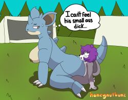 angry angry_sex annoyed anthro ass big_breasts big_butt big_dom_small_sub breasts dominant duo female floor_sex generation_1_pokemon hi_res honibnuuy huge_butt lagomorph large_breasts larger_female larger_penetrated leporid looking_pleasured male male/female mammal nidoqueen nintendo on_bottom on_top outside outside_sex penetration pokemon pokemon_(species) rabbit reverse_cowgirl_position sex side_boob side_view size_difference smaller_male text thick_thighs