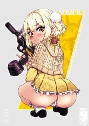 1girls 2024 artist_name ass ass_focus blonde_hair blush dress eyebrows_visible_through_hair female goddess_of_victory:_nikke gun hair_intakes hair_ornament holding_weapon light-skinned_female liter_(cute_sunflower)_(nikke) liter_(nikke) looking_at_viewer looking_back mac-10 machine_gun official_alternate_costume orange_eyes panties shimetta_masuta short_hair smile smiling smiling_at_viewer submachine_gun sunflower volt_(nikke) yellow_dress