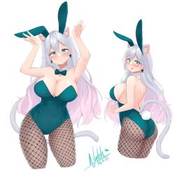 bunny_ears bunny_tail bunnysuit cat_tail crossed_bangs female green_eyes grey_hair hairband highres hiiragi_emuri large_breasts mole mole_under_eye mythic_live short_hair sitting virtual_youtuber