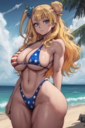 1girls 2:3 ai_generated american_flag_bikini anime_style asymmetrical_bangs athletic_female bangs beach big_ass bikini blonde_hair blue_eyes blunt_bangs bottom_heavy cloudy_sky curvaceous curvy_female curvy_figure day feet_out_of_frame female female_focus female_only galko hair_ornament hand_on_hip light-skinned_female light_skin long_hair looking_at_viewer low-angle_view mediumres muscular_thighs oshiete!_galko-chan scrunchie shiny_clothes shiny_hair shiny_skin small_waist solo solo_focus source_request standing swimsuit thick thick_thighs toned_female voluptuous_female water wide_hips