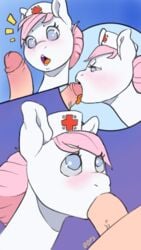 2014 blue_background blue_eyes blush earth_pony equine female feral friendship_is_magic fur hair hat horse male mammal my_little_pony nurse nurse_hat nurse_redheart oops_(artist) open_mouth oral oral_sex penis pink_hair plain_background pony sex straight tongue vein white_fur