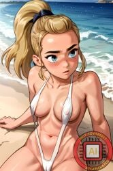 1girls 2020s 2023 adora ai_generated artist_name beach blonde_female blonde_hair blue_eyes blush bow breasts cameltoe female female_only hair_ribbon hairbow light-skinned_female light_skin long_hair looking_to_the_side medium_breasts nipples no_clothes nutsoperfect ocean ponytail ribbon sand she-ra_and_the_princesses_of_power sideboob sitting solo water watermark waves