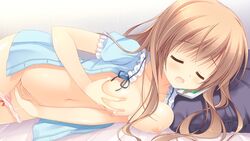 bed breast_grab breasts brown_hair closed_eyes fingering hadumi_rio lying masturbation navel_honeybell nipples open_clothes open_shirt phone shirt sora_tobu_hitsuji_to_manatsu_no_hana:_when_girls_wish_upon_a_star takano_yuki tanihara_natsuki