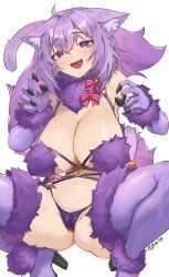 2023 absurdres alternate_version_available animal_ears bikini blush boots breasts cameltoe cat_ears cosplay cute_fang elbow_gloves fate/grand_order fate_(series) female fur-trimmed_gloves fur-trimmed_legwear fur-trimmed_thighhighs fur_bikini fur_collar fur_trim gloves high_heel_boots high_heels highres hololive hololive_gamers hololive_japan jknor mash_kyrielight_(dangerous_beast)_(cosplay) medium_hair nekomata_okayu oerba_yun_fang purple_eyes purple_gloves purple_hair purple_tail purple_thighhighs revealing_clothes smile solo squatting tail thighhighs virtual_youtuber white_background wolf_tail