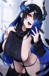 1girls bare_shoulders black_hair black_nails black_panties black_sweater blue_hair breasts colored_inner_hair garter_straps holding holding_phone hololive hololive_english hololive_english_-advent- horn large_breasts long_hair looking_at_viewer multicolored_hair nail_polish nerissa_ravencroft open_mouth red_eyes ribbed_legwear ribbed_sleeves ribbed_sweater sideboob smartphone thighs tofuubear turtleneck turtleneck_sweater virgin_destroyer_sweater virtual_youtuber