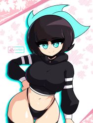 black_hair blue_eyes bottomwear breasts crop_top_hoodie female kafein panties tagme tagme_(character) thighs