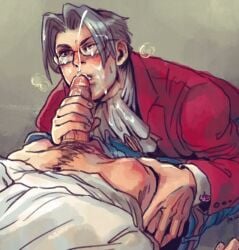 1boy 1male 2boys 2males blowjob blue_pants blush blush_lines blushing_at_partner blushing_male bubbles capcom clothed clothed_male clothed_male_partially_nude_male clothed_sex cravat cum cum_in_mouth cum_on_face cum_on_glasses cum_on_hair cumming cumming_from_oral cumming_in_mouth cumshot dick gay gay_blowjob gay_male gay_sex grabbing_waist gray_eyes gray_hair grey_eyes grey_hair gyakuten_saiban implied_character looking_at_partner male male/male male_focus male_only miles_edgeworth mitsurugi_reiji naruhodou_ryuuichi partially_clothed penis phoenix_wright red_coat tagme unseen_character unseen_male_face video_game_character video_game_franchise video_games yaoi