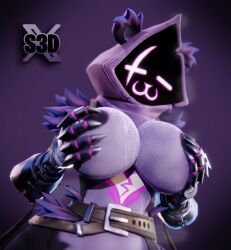 3d 3d_(artwork) absurd_res anthro areolae bear belt big_breasts bodily_fluids breast_squish breasts closed_eyes epic_games eye_scar facial_scar female fortnite hand_on_breast hi_res hood mammal musk nipples purple_skin raven_team_leader scar shachath3d smile solo squish sweat