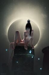 1girls 3d 3d_(artwork) areolae baldur's_gate baldur's_gate_3 black_hair braid completely_nude completely_nude_female dungeons_and_dragons elf elf_ears exposed_breasts flower half_elf hi_res highres koelet3d looking_down nipples pillar seated shadowheart sky sole_female solo solo_female wizards_of_the_coast