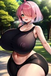 ai_generated asymmetrical_legwear cameltoe crop_top exhausted exposed_thighs gigantic_breasts happy heavy_breathing himemori_luna hololive huge_thighs massive_thighs nipple_bulge official_alternate_hairstyle park smile spats spread_arms stable_diffusion sweaty venus_body virtual_youtuber