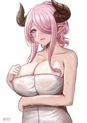 big_breasts granblue_fantasy granblue_fantasy_versus grey_eyes horns narmaya_(granblue_fantasy) pink_hair towel