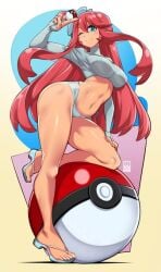 1girls bayeuxman big_breasts blue_eyes blush breasts_visible_through_clothing clothed clothing eye_closed feet female female_focus female_only horny long_hair looking_at_viewer muscular muscular_female muscular_legs nipples_visible_through_clothing pokeball pokemon pokemon_bw red_hair skyla_(pokemon) solo solo_female thick_thighs transparent_clothing very_long_hair