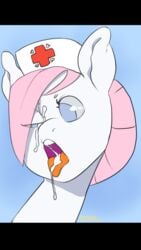 2014 blue_eyes cum cum_on_face cum_on_tongue earth_pony equine female female_only feral friendship_is_magic fur hair hat horse mammal my_little_pony nurse nurse_hat nurse_redheart oops_(artist) open_mouth pink_hair plain_background pony solo tongue white_fur