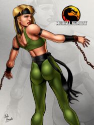 2d armband ass blonde_hair blue_eyes bondage chains earrings female female_only headband highres human lipstick looking_back mortal_kombat netherrealm_studios sash shackles skin_tight solo sonya_blade spandex tank_top wristband zabzarock