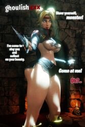 1girls 3d areolae big_breasts blender blonde_hair blonde_hair blue_eyes breasts buns clothed clothing curvaceous curvy curvy_body curvy_female curvy_figure detailed_background epic_games fable_(fortnite) face_markings female female_focus female_only fortnite fortnite:_battle_royale ghoulishxxx grim_fable headband highres holding holding_object holding_weapon jean_shorts light-skinned_female light_skin medium_breasts nipples pose posing shorts solo solo_focus standing text threatening watermark weapon