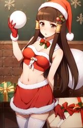 ai_generated bangs bleach breasts brown_eyes brown_hair christmas cleavage female girl gloves hair_ornament hairclip hat long_hair merry_christmas midriff navel petite sack santa santa_costume santa_hat skirt solo stable_diffusion thighhighs tied_hair tobiume unstable_diffusion young