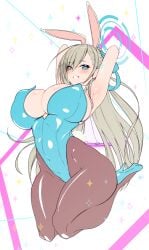 2020s 2021 2d 2d_(artwork) :d armpits asuna_(blue_archive) asuna_(bunny)_(blue_archive) blonde_hair blue_archive blue_bunnysuit blue_eyes blue_outfit bokuno bunny_costume bunny_ears covered_nipples curvy curvy_female curvy_figure eyebrows eyelashes female female_focus female_only hi_res high_heels highres hips millennium_science_school_student nipple_bulge on_knees playboy_bunny slim_waist smile smiling solo solo_female solo_focus stockings thick_thighs thighs wide_hips