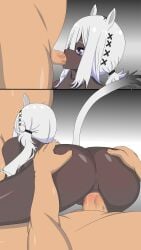 1girls 2boys 2koma animal_ears anus arknights blowjob blush butt_grab censored crying crying_with_eyes_open dark-skinned_female dark_skin fellatio grey_hair hair_ornament horse_ears horse_girl horse_tail light-skinned_male light_skin luna07_(lluna_07) mmf_threesome mosaic_censoring penetration purple_eye sex tail threesome tuye_(arknights) vaginal_penetration