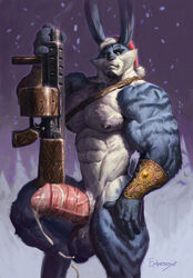 anthro anthrofied beard boner bunnymund cum cum_on_penis ephorox erection facial_hair green_eyes gun hi_res high_resolution highres lagomorph looking_at_viewer male male_only mammal navel nipples nude outside penis rabbit ranged_weapon rise_of_the_guardians signature snow snowing solo vein weapon