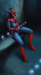 1boy cosplay crossover crossover_cosplay erection fangs humanoid humanoid_penis male male_only marvel masturbation non-human non-human_only penile_masturbation penis penis_piercing solo spider-man_(cosplay) spider-man_(series) spider-man_suit spidersuit troll trunchbull warcraft