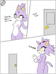 3:4 absurd_res accessory anthro areola ass bathing blaze_the_cat border dialogue felid feline female forehead_gem fur headband hi_res hikaridraws mammal navel nude purple_body purple_fur red_areola red_headband sega showering solo sonic_(series) sonic_the_hedgehog_(series) white_border yellow_eyes