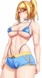 anisdrawn bikini blue_bikini blue_choker blue_eyes blue_shorts breasts choker collarbone commentary cowboy_shot female female_only fully_clothed highres large_breasts metroid navel nintendo ponytail revealing_clothes samus_aran short_hair short_shorts shorts simple_background skimpy_clothes solo standing stomach swimsuit thighs thong_straps white_background